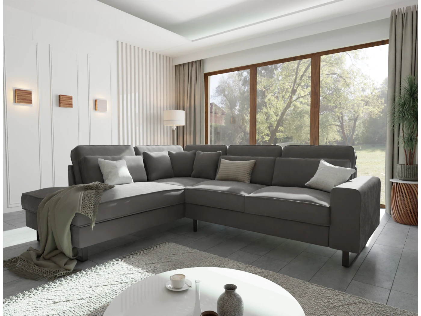 Nova - Ecksofa mit Ottomane und Schwarz Metall Füßen in Samt-Stoff