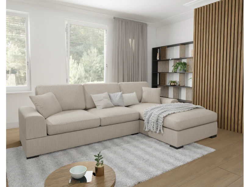 Axel - Ecksofa mit Schlaffunktion in Cord-Stoff schöner Sitzkomfort mit schwarzen Holzfüßen