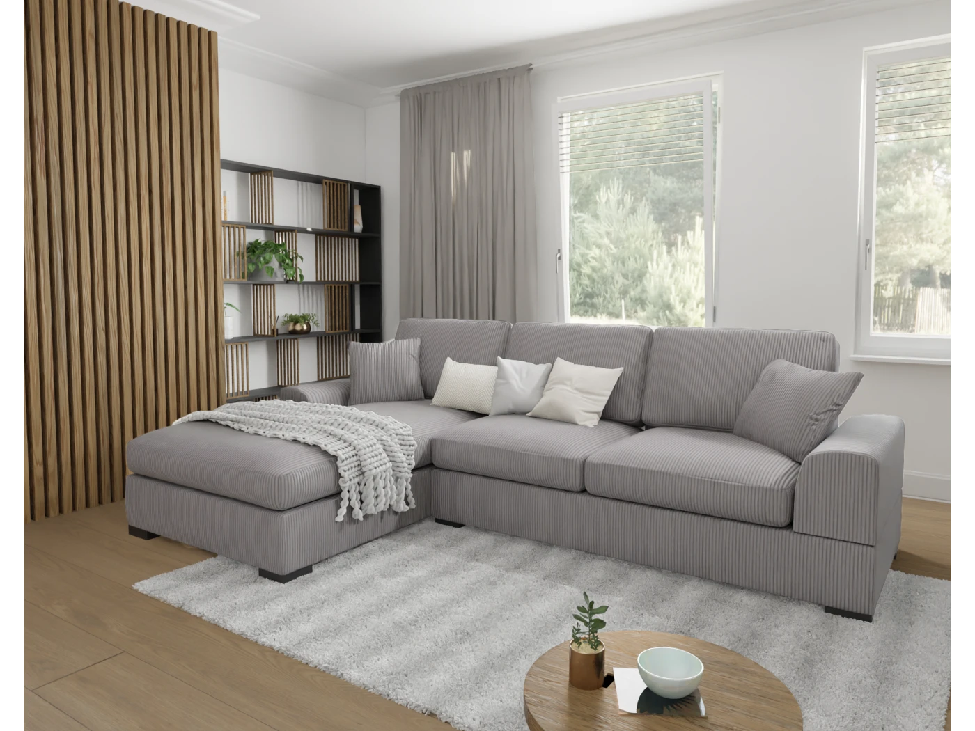 Axel - Ecksofa mit Schlaffunktion in Cord-Stoff schöner Sitzkomfort mit schwarzen Holzfüßen