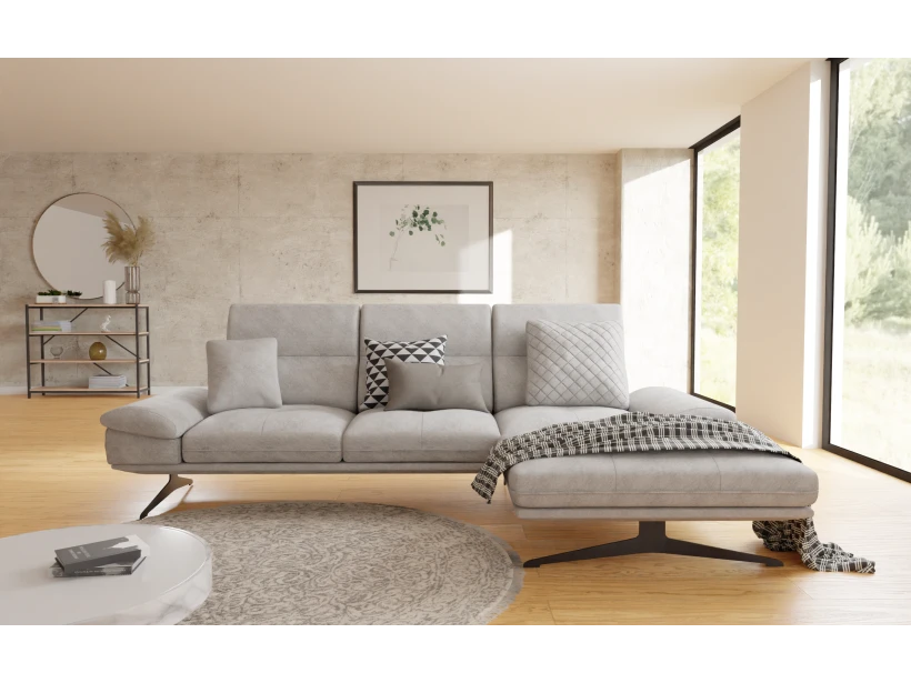 Sven - Modernes Ecksofa mit Ottomane und Hohe schwarze Metall Füße in Samt-Stoff