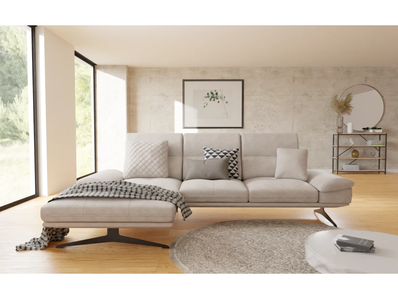 Sven - Modernes Ecksofa mit Ottomane und Hohe schwarze Metall Füße in Samt-Stoff