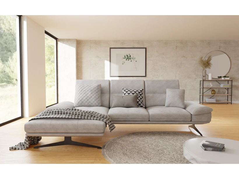 Sven - Modernes Ecksofa mit Ottomane und Hohe schwarze Metall Füße in Samt-Stoff