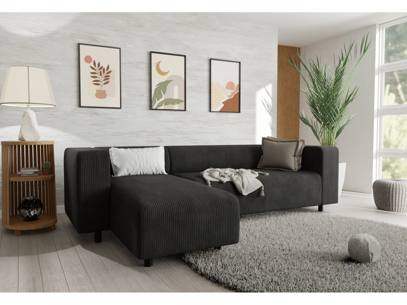 Oskar - Modernes Ecksofa mit Ottomane aus Cord-Stoff mit bequemem Sitz